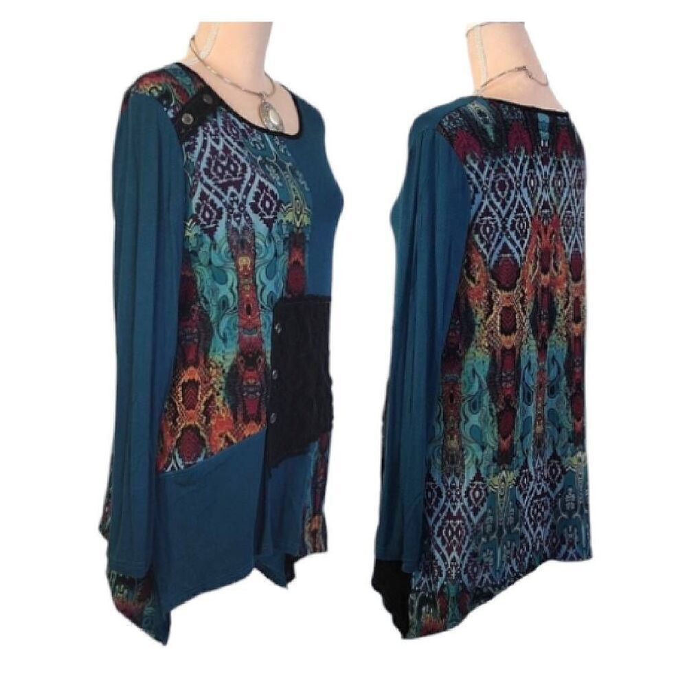 VTG Turquoise Multimedia Patchwork Long Sleeve Fa… - image 9